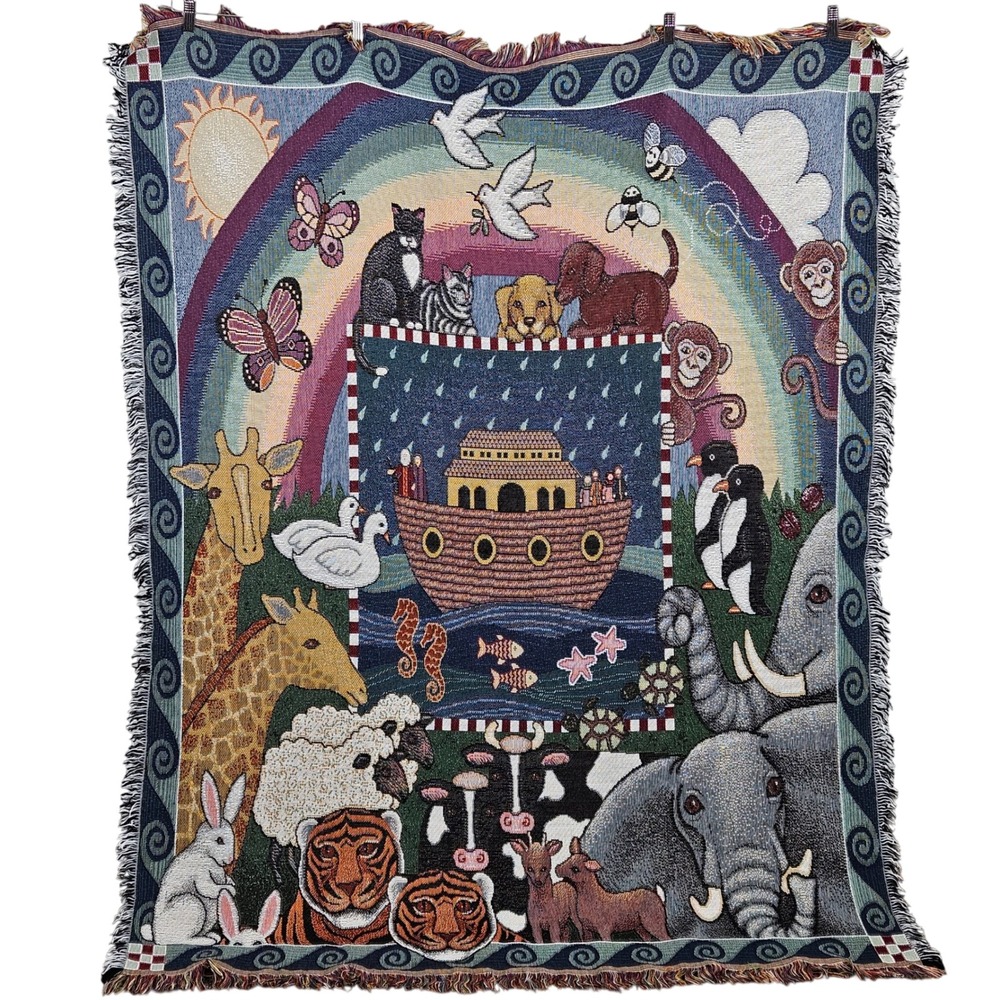 Vintage American Weavers Noahs Ark Woven Tapestry Blanket 64x50 Fringed
